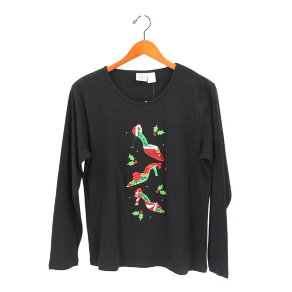 Peanut Butter & Jelly Tops - NWT Peanut Butter & Jelly Christmas Embellished High Heels Black Tee Shirt Top L